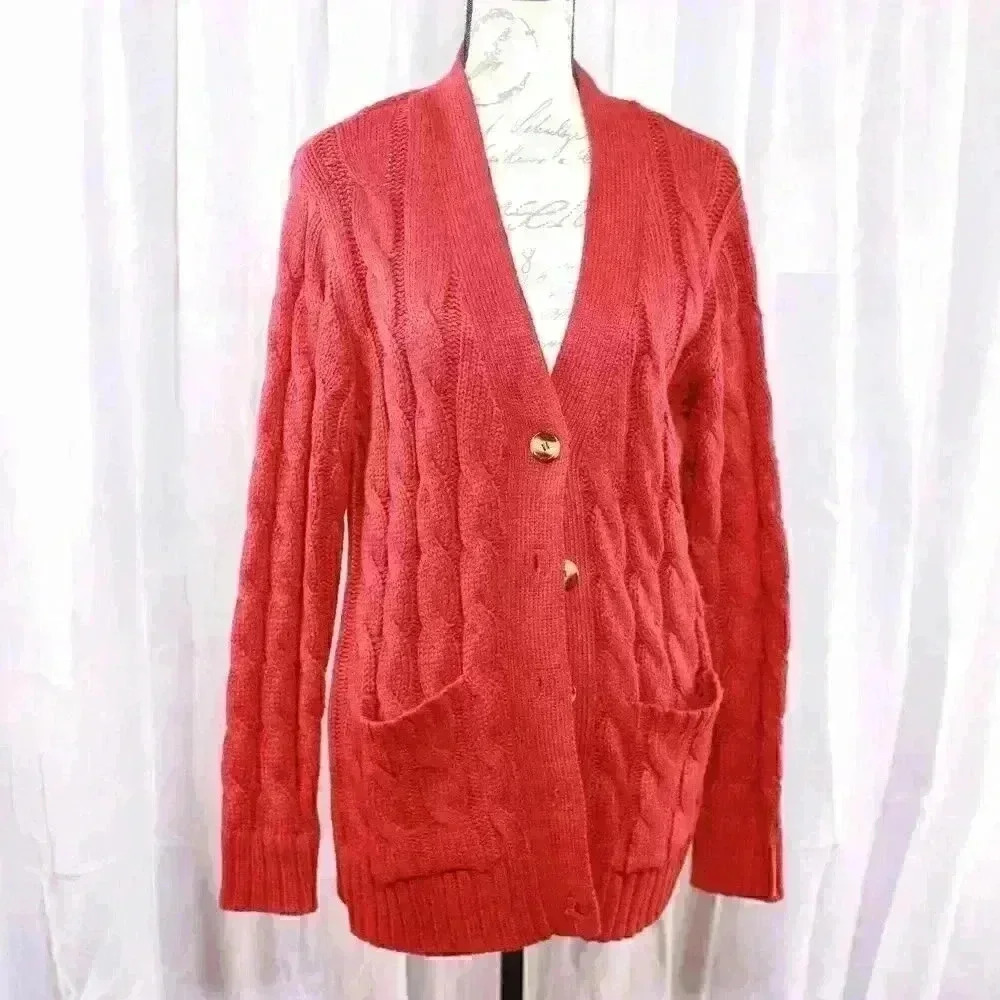 Pretty Garden button front cable knit pockets cardigan Size M
